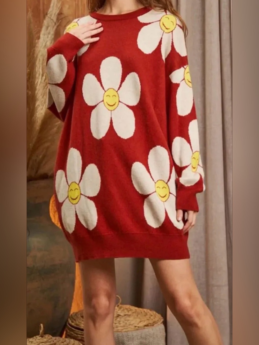 Red Daisy Knit Sweater Dress - Playful Floral Shift
